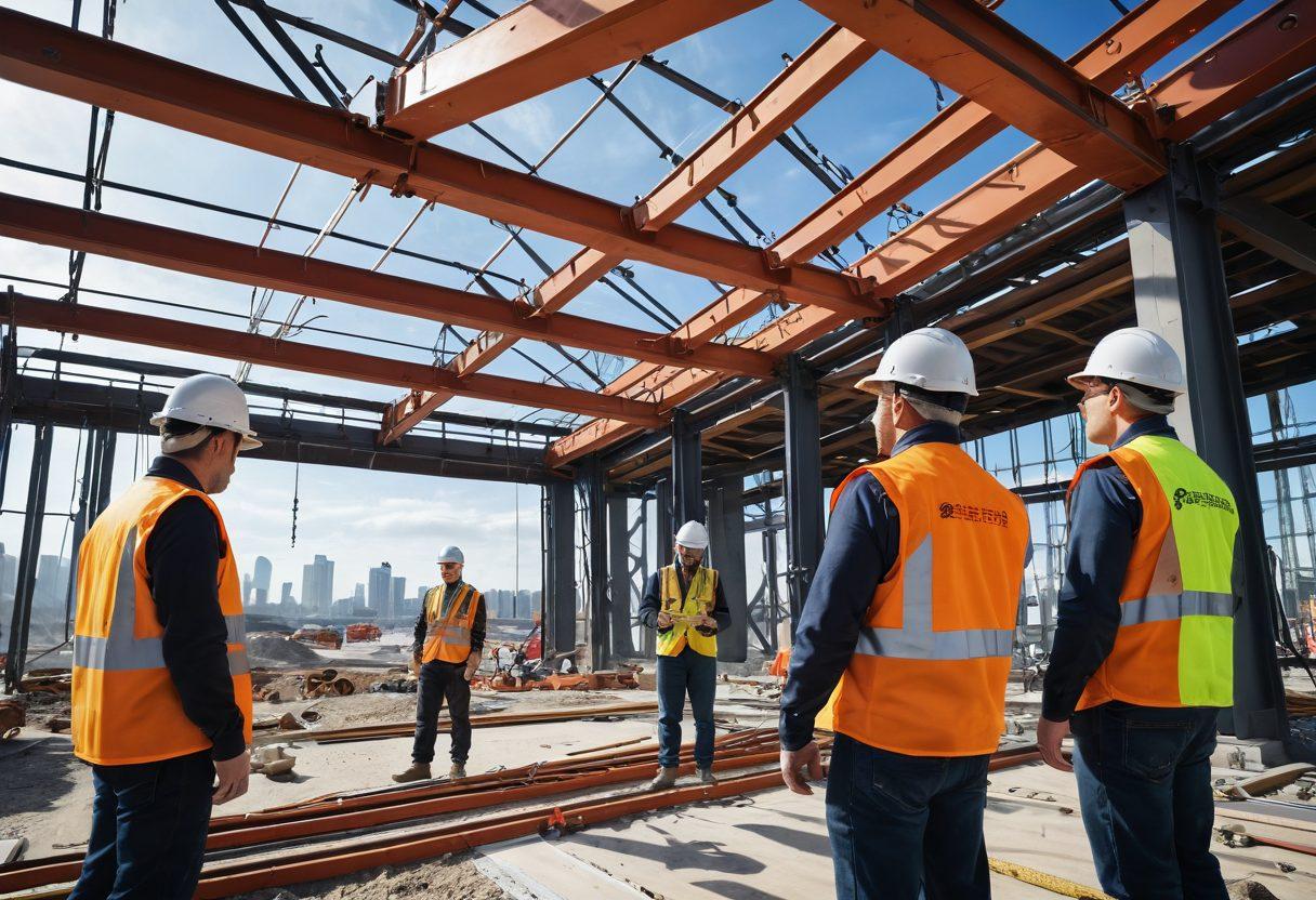 A dynamic scene showcasing various futuristic fastening solutions being utilized in an advanced construction site. Include engineers in safety gear collaborating with innovative tools, beams secured with high-tech fasteners, and drones inspecting the structures above. Emphasize themes of safety and efficiency, with sleek designs and bright, engaging colors. super-realistic. vibrant colors. 3D.