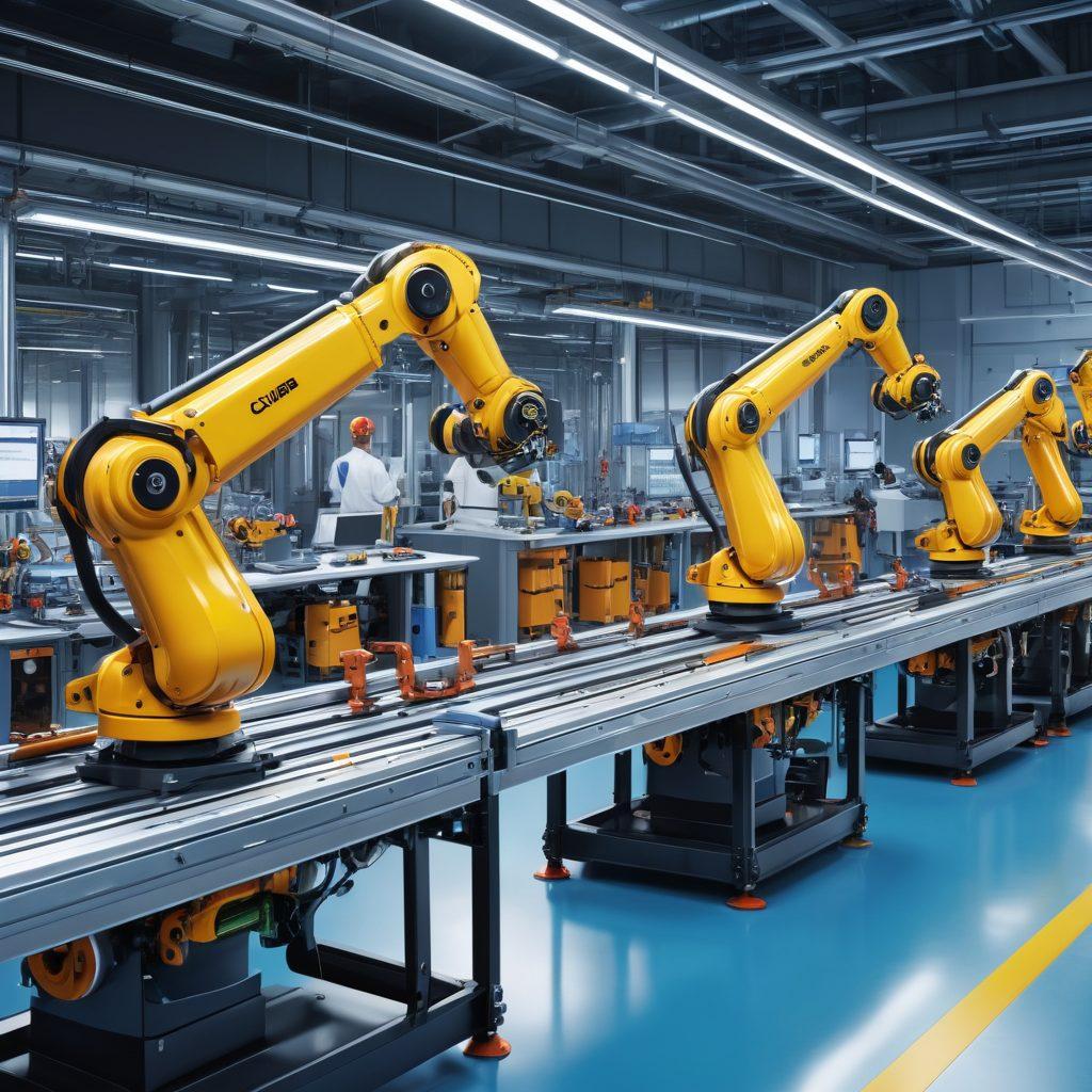 A dynamic scene showcasing a modern manufacturing assembly line with advanced clamping solutions in action, featuring robotic arms precisely securing components. Include colorful diagrams or blueprints of clamping technology displayed on screens in the background, and industrial workers collaborating efficiently. The environment should convey innovation and high-tech aesthetics. super-realistic. vibrant colors. industrial setting.